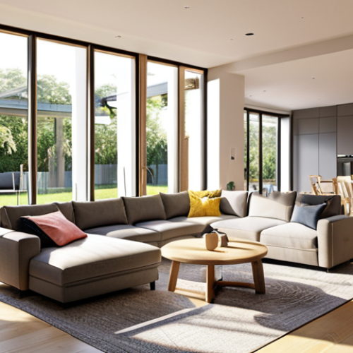Home 4 **Prompt:** A bright, open-plan living area in a modern house, designed for multi-generational living. Features include modular seating, adjustable shelves, and smart lighting. Sunlight streams through large windows, illuminating the space. The design emphasizes accessibility and flexibility.