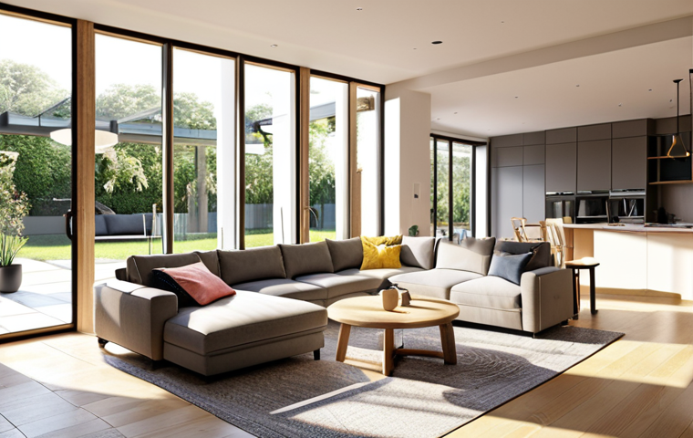 **Prompt:** A bright, open-plan living area in a modern house, designed for multi-generational living. Features include modular seating, adjustable shelves, and smart lighting. Sunlight streams through large windows, illuminating the space. The design emphasizes accessibility and flexibility.
