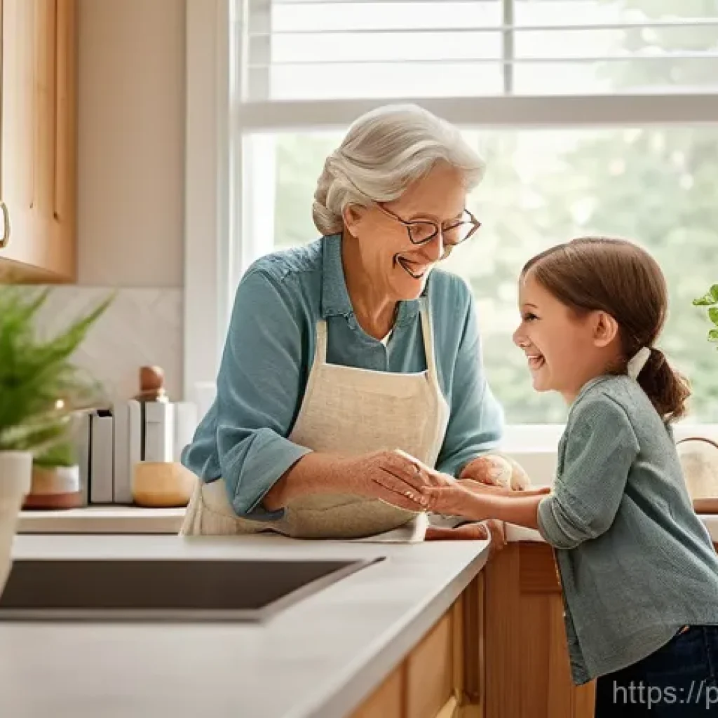 멀티제너레이션 주거의 경제적 이점 - **Prompt:** A heartwarming, sunlit scene inside a modern, cozy multi-generational home. A grandmothe...