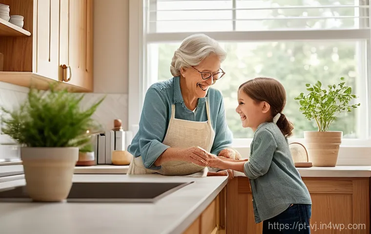 멀티제너레이션 주거의 경제적 이점 - **Prompt:** A heartwarming, sunlit scene inside a modern, cozy multi-generational home. A grandmothe...