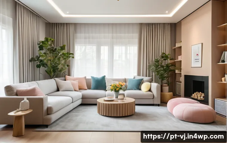 멀티제너레이션 주거 공간의 소음 관리 방법 - A cozy multigenerational living room featuring thick plush rugs and heavy curtains that absorb sound...