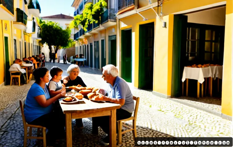 멀티제너레이션 주거를 위한 지역사회 네트워킹 - Photorealistic multigenerational community gathering in a sunny Portuguese neighborhood courtyard, g...